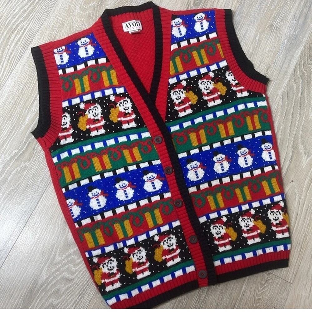 Vintage Avon size S/M Festive Holiday Knit Vest with Snowman and Santa Design